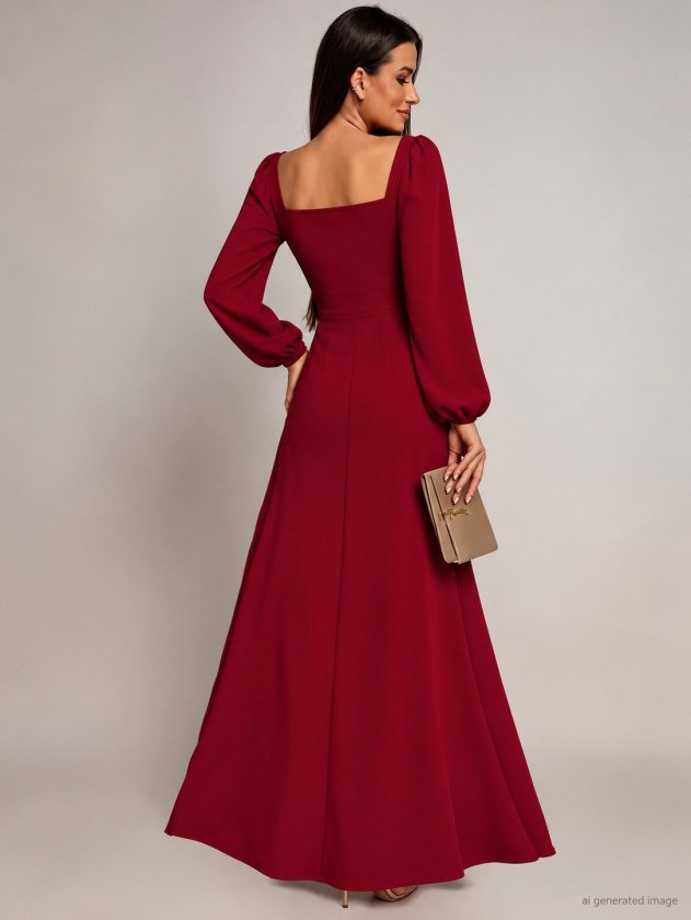 Kadın Uzun Kollu Kalp Yakalı Yırtmaçlı Uzun Ithal Krep Elbise, 39232