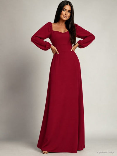 Women's Long Sleeve Sweetheart Neckline Slit Long Imported Crepe Dress, 39232