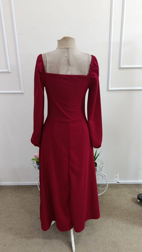 Women's Long Sleeve Sweetheart Neckline Slit Long Imported Crepe Dress, 39232