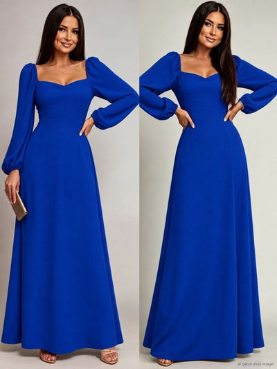Women's Long Sleeve Sweetheart Neckline Slit Long Imported Crepe Dress, 39233