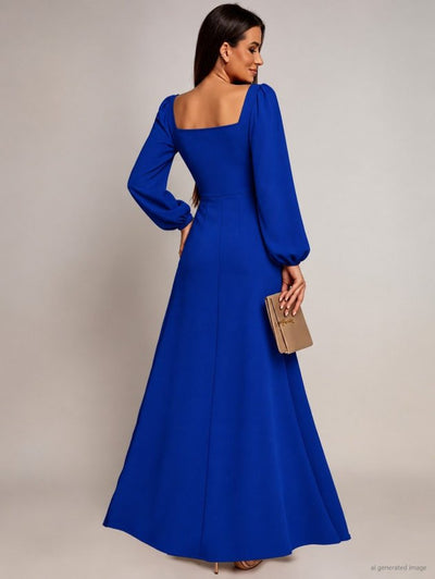 Women's Long Sleeve Sweetheart Neckline Slit Long Imported Crepe Dress, 39233
