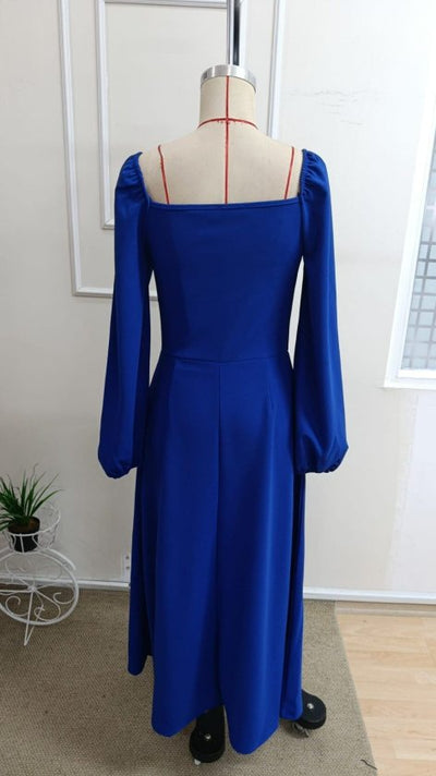Women's Long Sleeve Sweetheart Neckline Slit Long Imported Crepe Dress, 39233