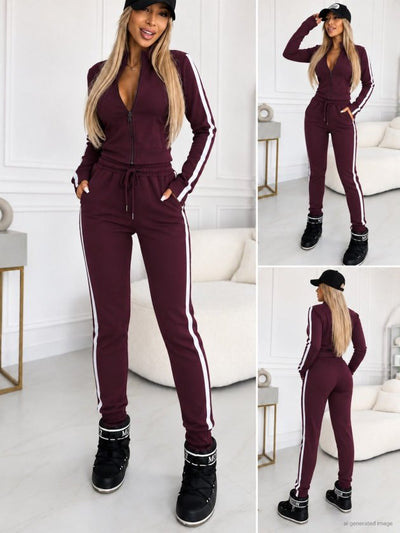 Women's Long-Sleeve Front-Zip Thumbhole Viscose Two-Thread Blouse and Pants Two-Piece Set, 39244