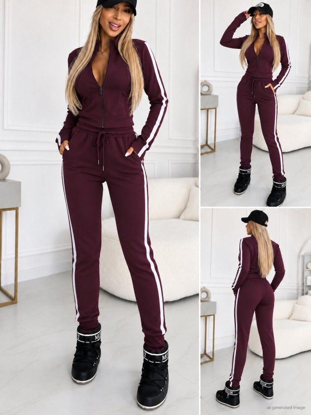Women's Long-Sleeve Front-Zip Thumbhole Viscose Two-Thread Blouse and Pants Two-Piece Set, 39244
