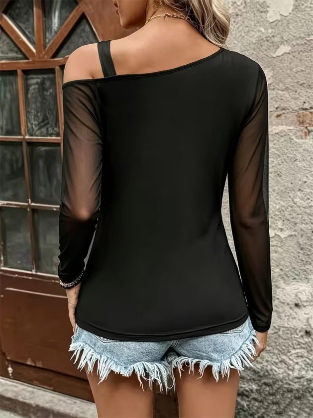 Bluză de damă din tul, viscoză, cu mânecă lungă, pe un umăr, fără bretele, 39287