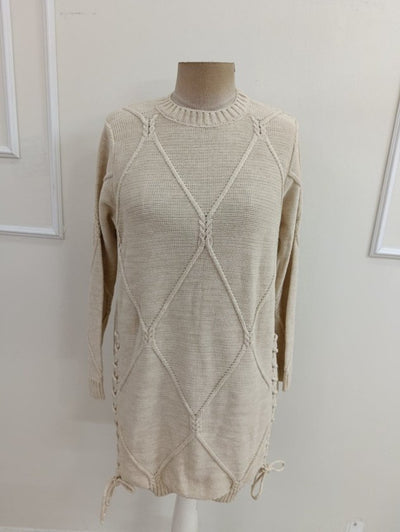 Rochie scurtă tricotată pentru femei, cu mânecă lungă, decolteu rotund și legături laterale, 39291