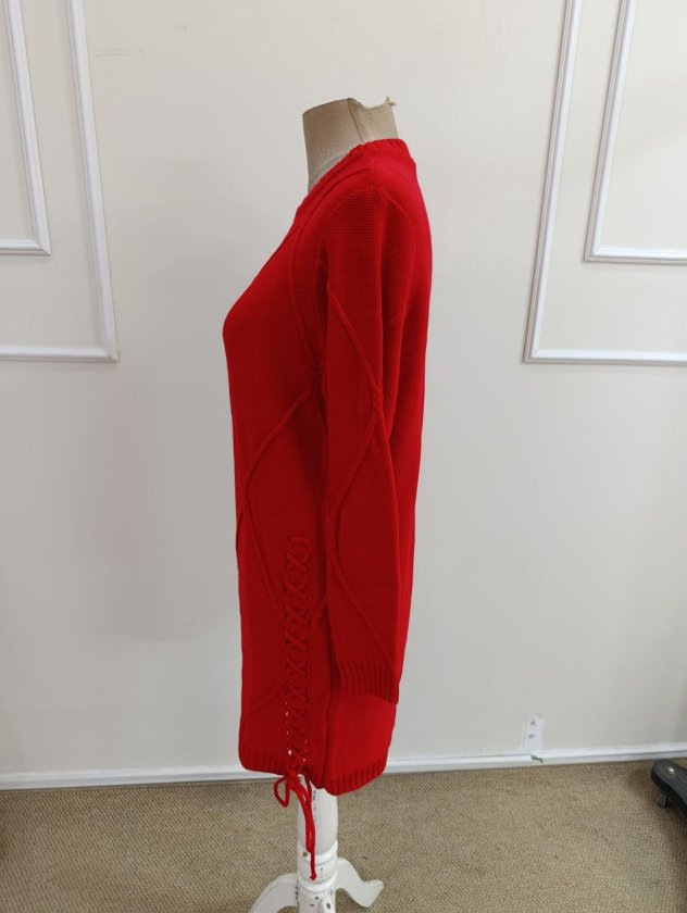 Rochie scurtă tricotată pentru femei, cu mânecă lungă, decolteu rotund și legături laterale, 39292