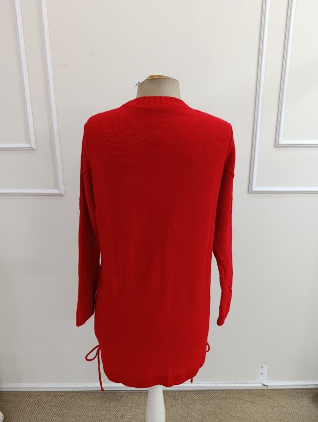 Rochie scurtă tricotată pentru femei, cu mânecă lungă, decolteu rotund și legături laterale, 39292