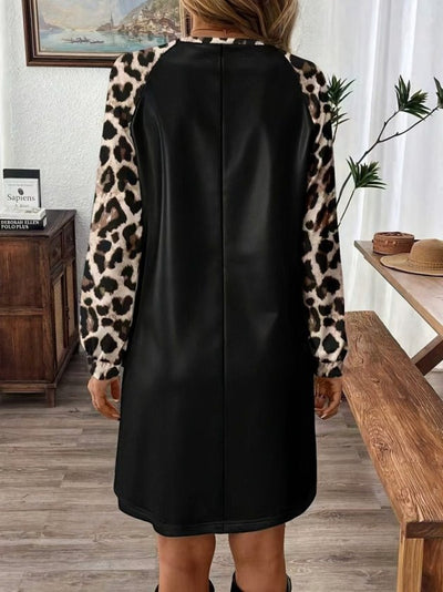 Kadın Uzun Kollu Bisiklet Yakalı Leopar Desenli Deri Kısa Elbise, 39298