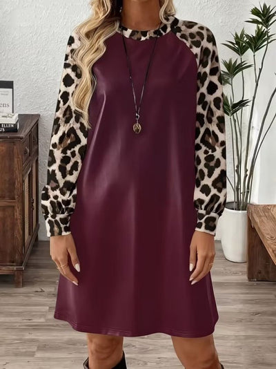 Kadın Uzun Kollu Bisiklet Yakalı Leopar Desenli Deri Kısa Elbise, 39299