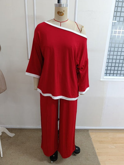 Women's One Shoulder Open Strap Detailed Loose Viscose Two Thread Blouse And Trousers Two-Piece Set, 39301