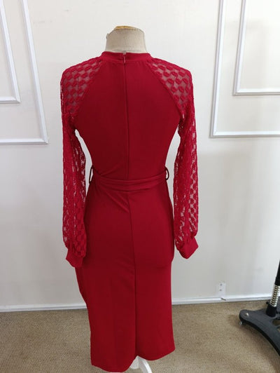 Rochie midi din crep cu mâneci lungi pentru femei, cu mâneci cu model, crăpătură laterală și talie cu curea, 39305