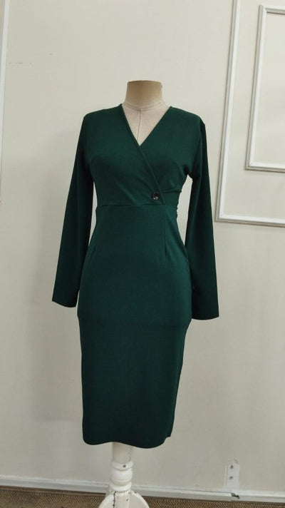 Women's Long Sleeve Double-Breasted Collar Buttoned Back Slit Midi Imported Crepe Dress, 39309