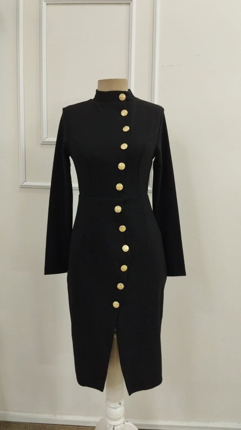 Women's Long Sleeve Turtleneck Buttoned Midi Imported Crepe Dress, 39311