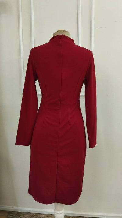 Women's Long Sleeve Turtleneck Buttoned Midi Imported Crepe Dress, 39312