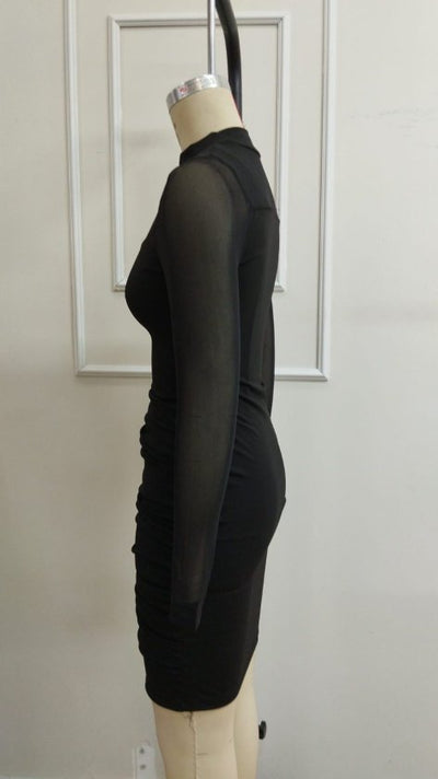 Women's Long Sleeve Turtleneck Tulle Detail Gathered Short Scuba Dress, 39316