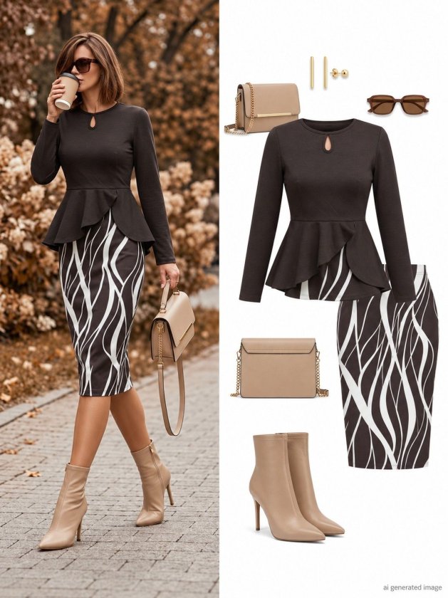 Women's Long-Sleeve Crew Neck, Belted Waist, Asymmetrical Front Detail, Patterned Midi Modal Two-Piece Set, 39324