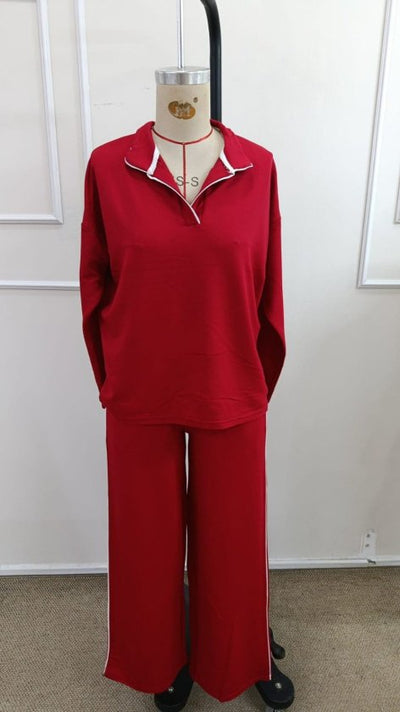 Women's Long-Sleeved Collared Blouse and Pants Set with Thin Stripe Detail, 39332