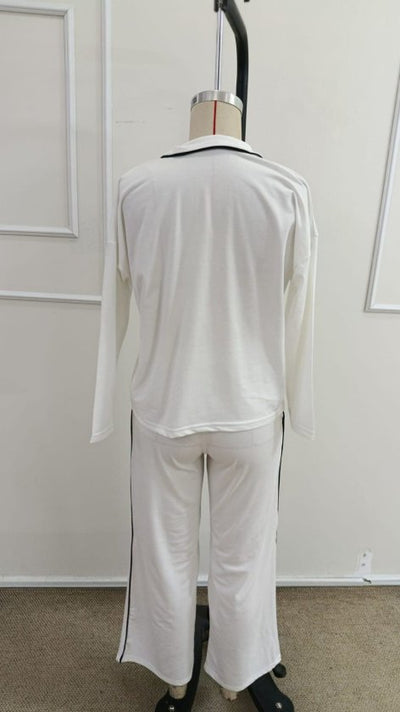 Set de două piese pentru femei, din viscoză, cu două fire, bluză și pantaloni, cu mânecă lungă și guler, cu dungi subțiri, 39333