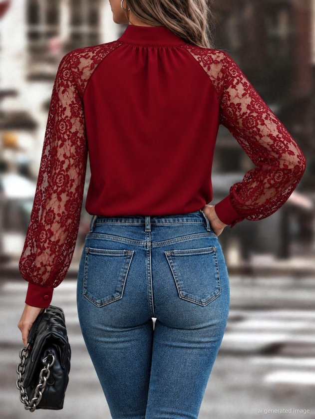 Bluză de damă cu mânecă lungă, decolteu înalt, din tul, model nisipos, 39337, model bust
