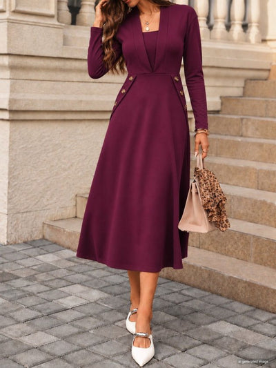Rochie midi din crep importat, cu mânecă lungă, decolteu în V și nasturi, pentru femei, 39339