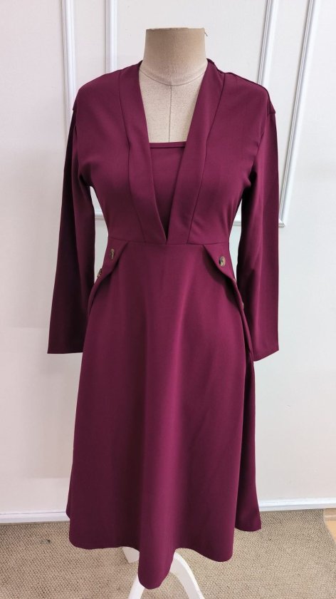 Rochie midi din crep importat, cu mânecă lungă, decolteu în V și nasturi, pentru femei, 39339