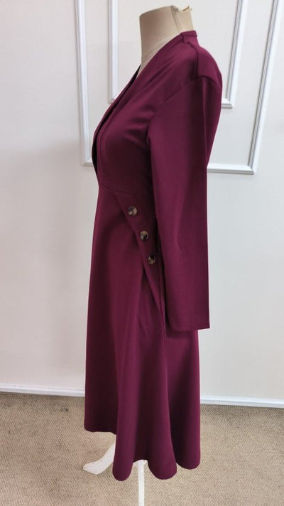 Rochie midi din crep importat, cu mânecă lungă, decolteu în V și nasturi, pentru femei, 39339