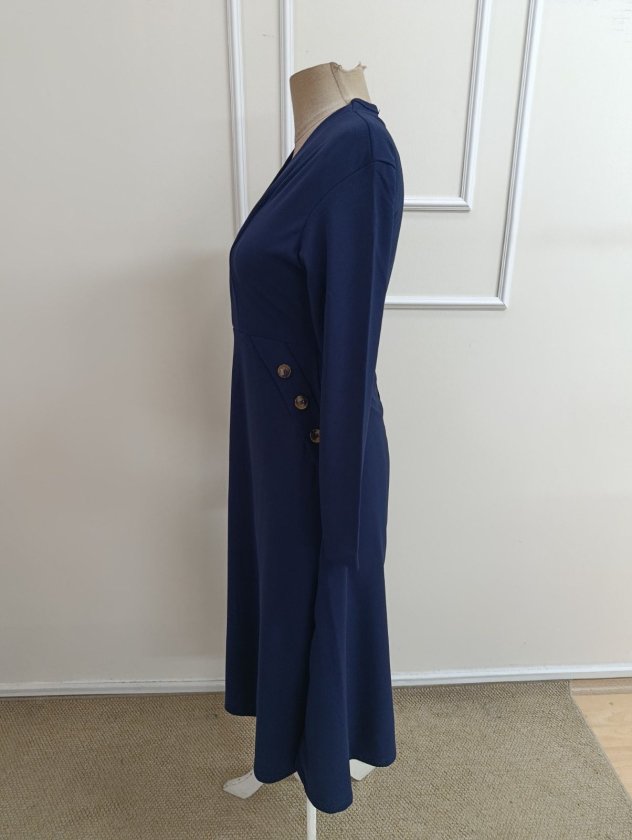 Women's Long Sleeve V-Neck Button Detail Midi Imported Crepe Dress, 39340