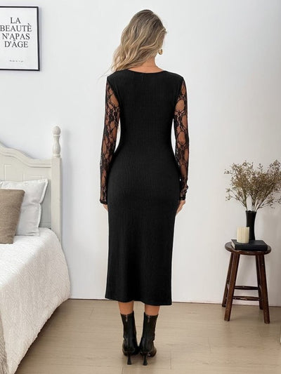 Rochie midi cu corset, mânecă lungă, decolteu rotund și detalii din fleece în față, 39369