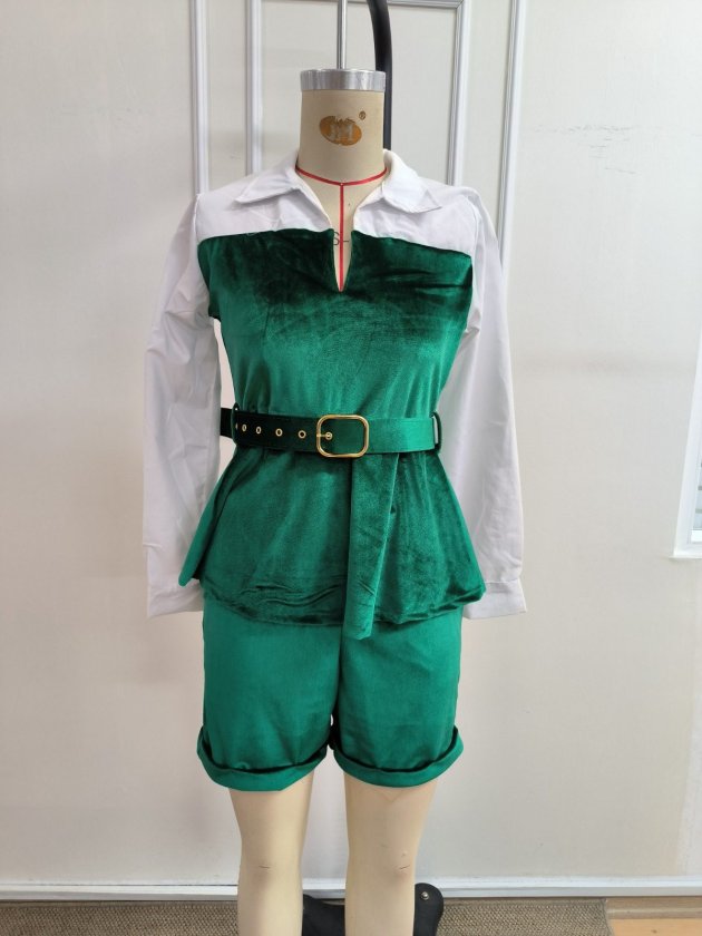Kadın Uzun Kollu Yakalı Trikoton Ve Kadife Kemersiz Bluz Ve Kadife Short Ikili Takım, 39443