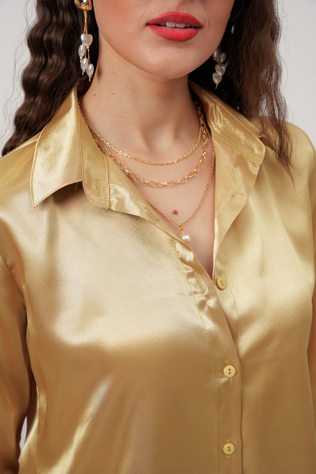 3964 Lightly Draped Satin Shirt - Gold
