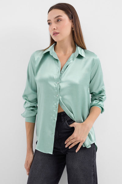 3964 Cămașă Satin Ușoară și Curgătoare - Verde Frunzișor