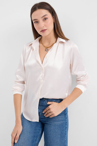 3964 Cămașă Satin Ușor Curgător - Crem