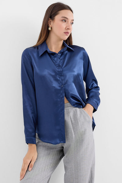3964 Cămașă Satin Ușoară și Curgătoare - Bleumarin