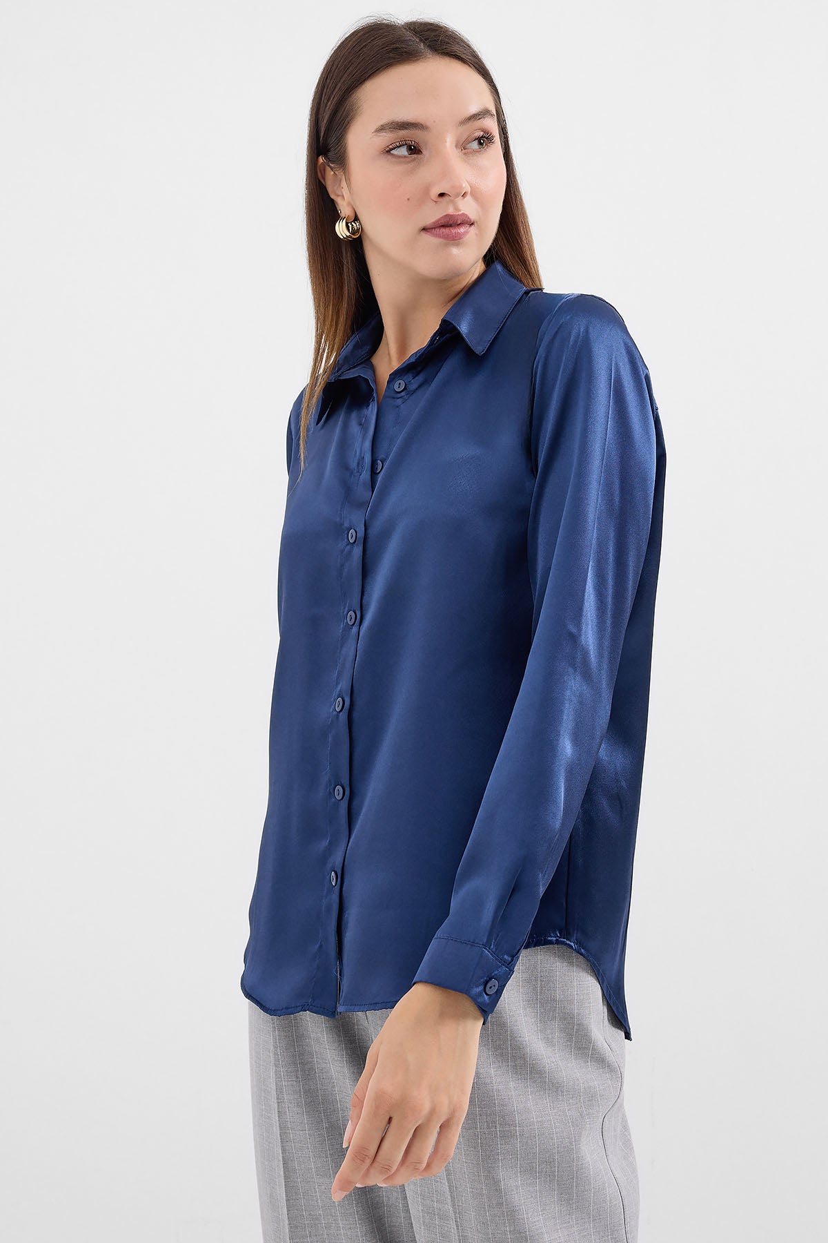 3964 Cămașă Satin Ușoară și Curgătoare - Bleumarin