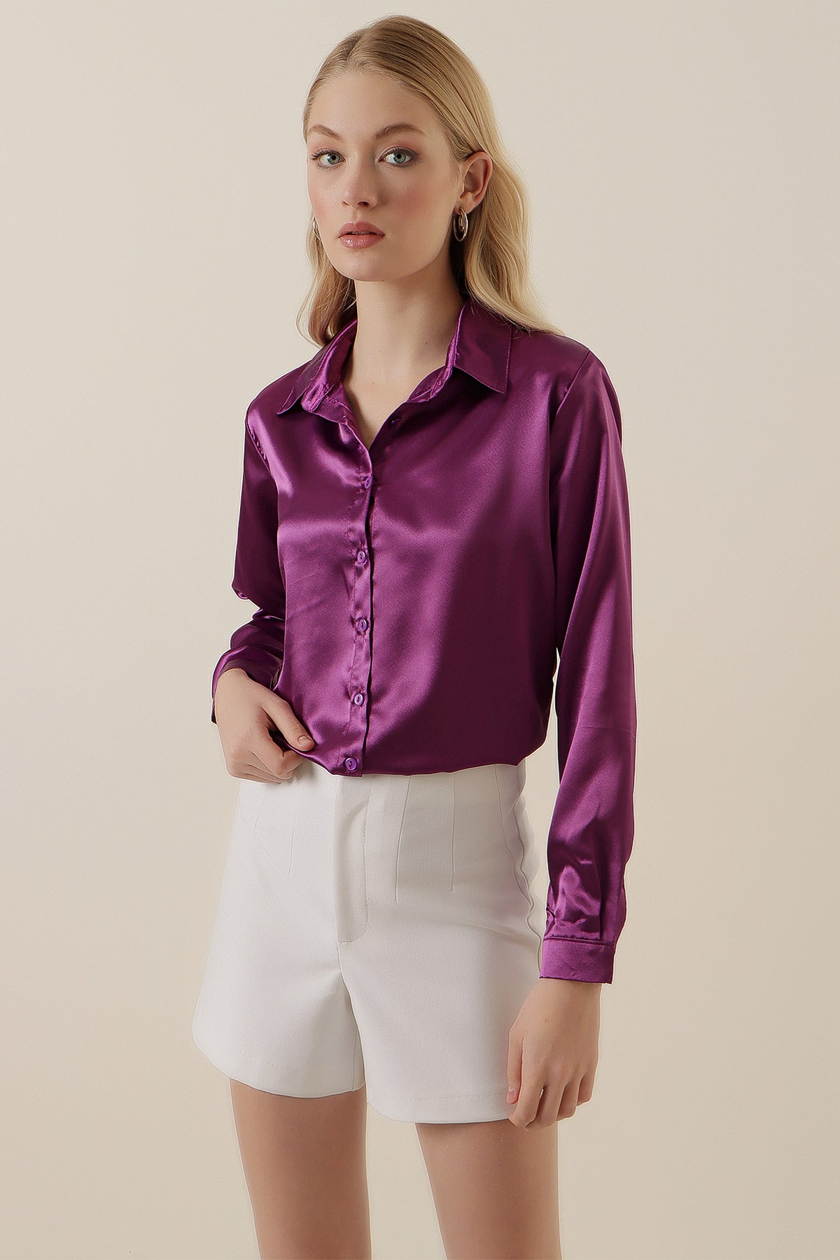 3964 Cămașă Satin Ușor Curgător - Violet Deschis