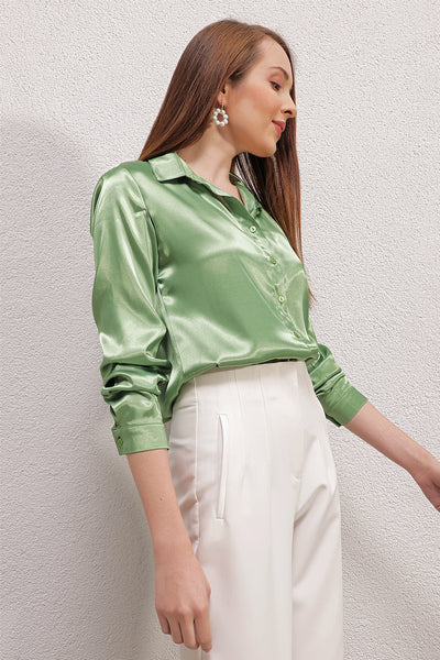 3964 Cămașă din satin ușor drapat - Verde deschis