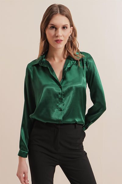 3964 Cămașă Satin Ușor Curgător - Verde Smarald