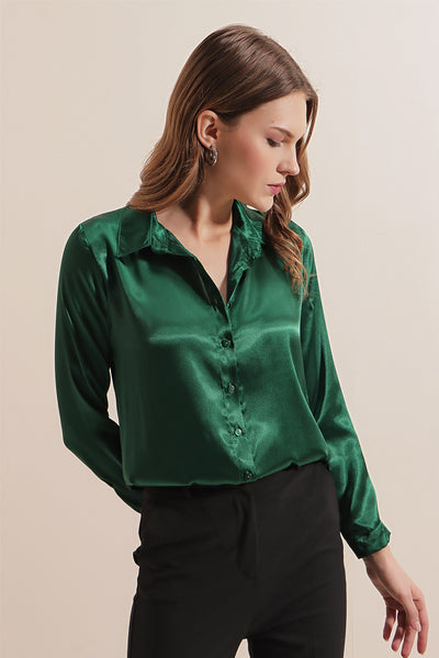 3964 Cămașă Satin Ușor Curgător - Verde Smarald