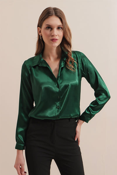 3964 Cămașă Satin Ușor Curgător - Verde Smarald