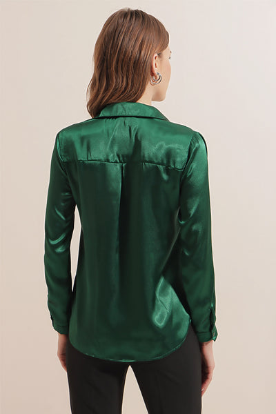 3964 Cămașă Satin Ușor Curgător - Verde Smarald