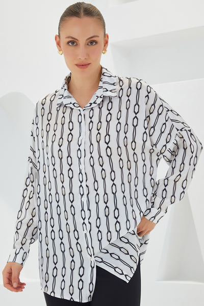 Cămașă Satin Oversized cu Model Negru Alb Femei 3985