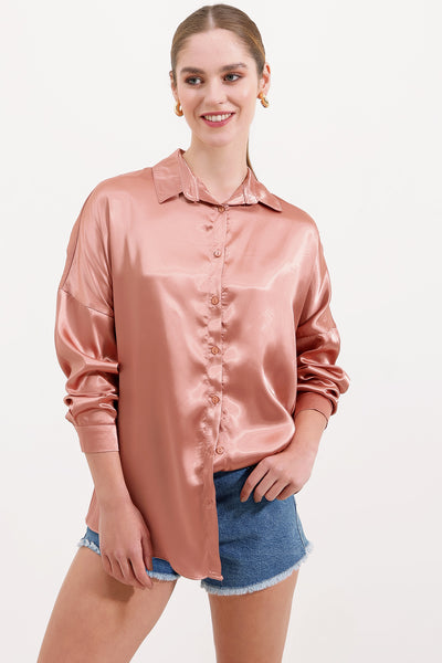 3985 Cămașă din satin oversize - Cămilă
