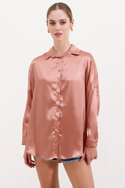 3985 Cămașă din satin oversize - Cămilă