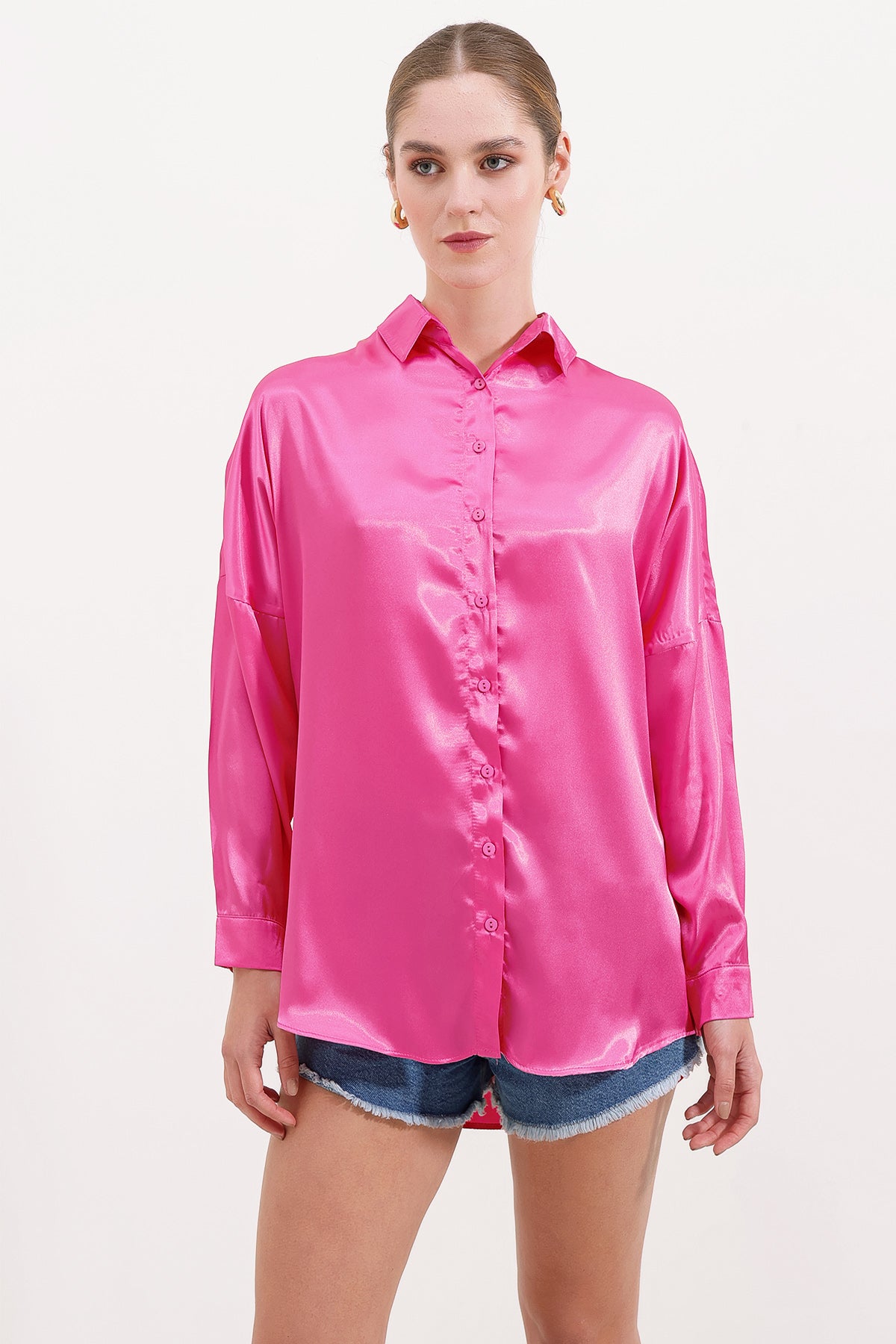 3985 Oversize Saten Gömlek - Fuşya