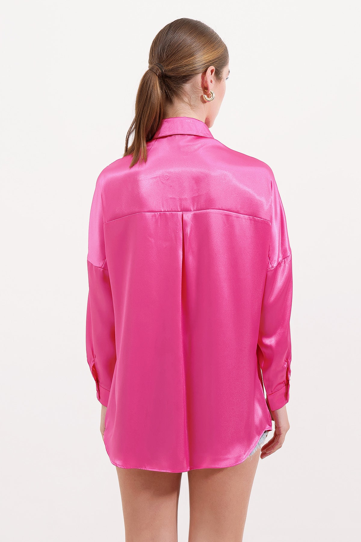3985 Oversize Saten Gömlek - Fuşya