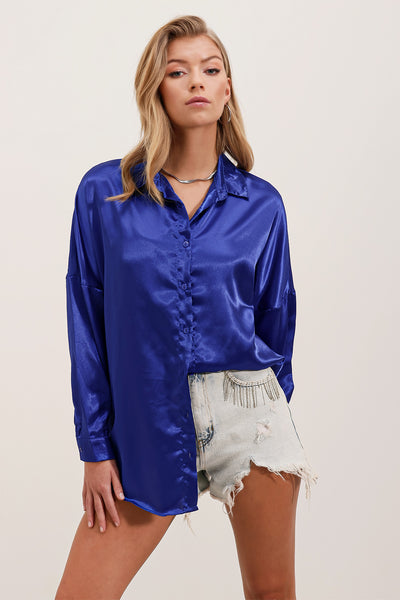 3985 Cămașă Satin Oversize - Albastru Deschis
