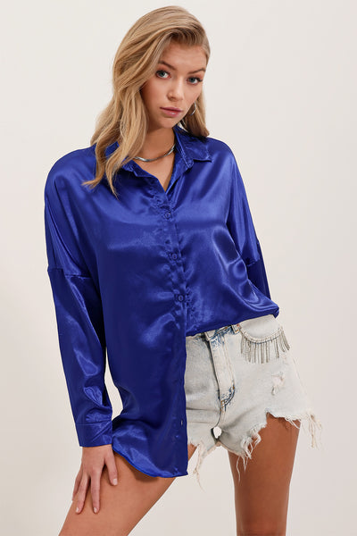 3985 Cămașă Satin Oversize - Albastru Deschis