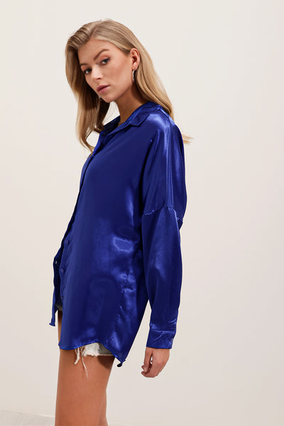 3985 Cămașă Satin Oversize - Albastru Deschis
