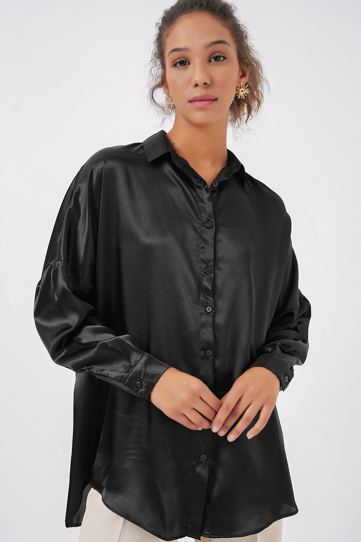 Oversize Saten Gömlek - Siyah